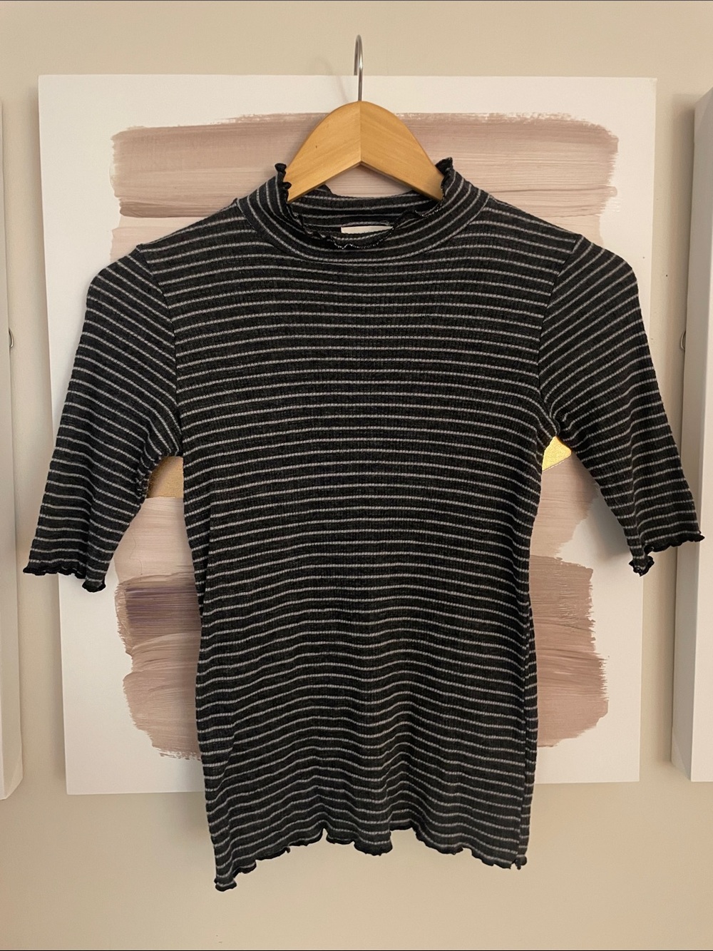 Striped Dark Gray Mock Neck Ribbed Lettuce Edge Top